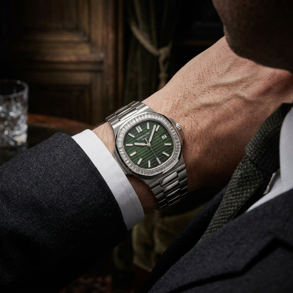 Patek Philippe Nautilus — Lunette Diamants Vert — Au poignet