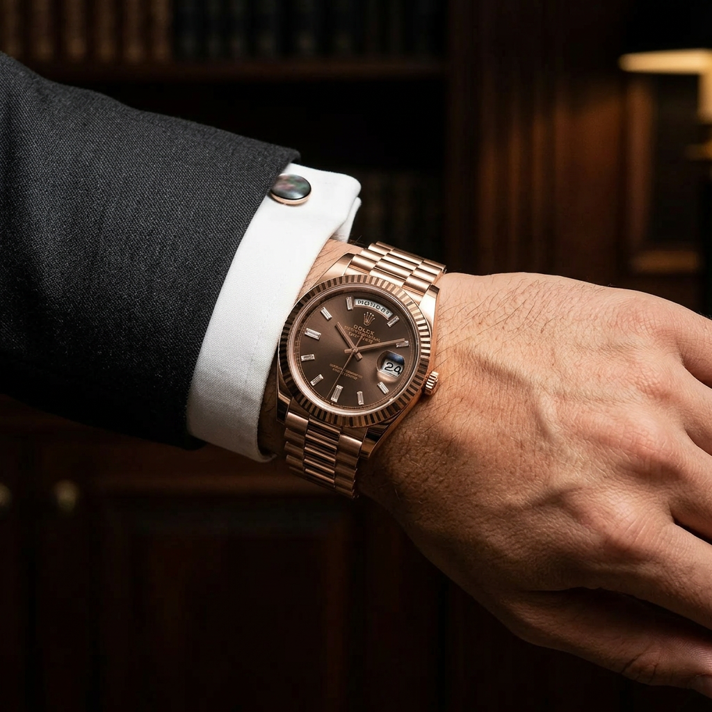 Rolex Day-Date Or Rose — Chocolat — Au poignet