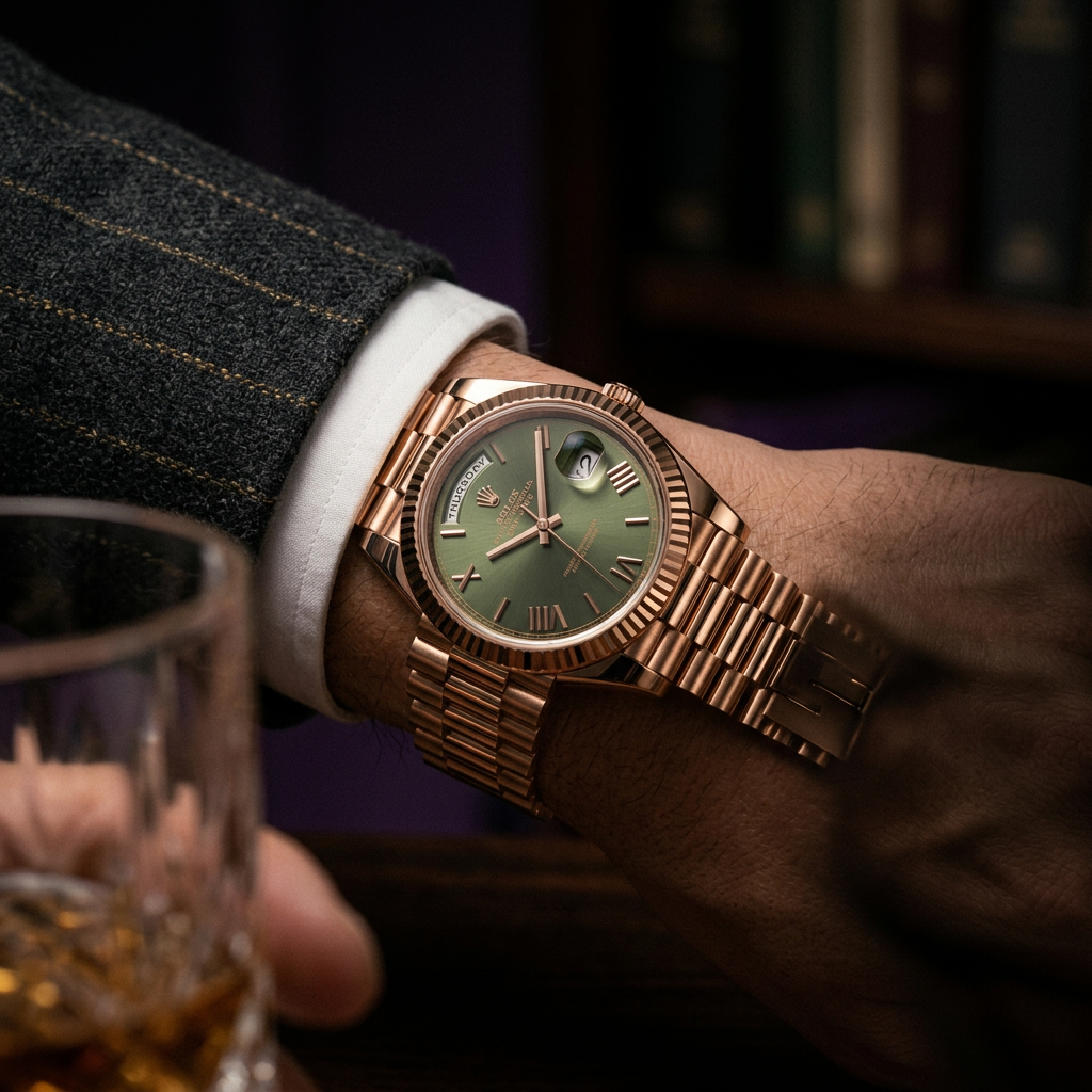 Rolex Day-Date 40 Everose — Vert Olive — Au poignet
